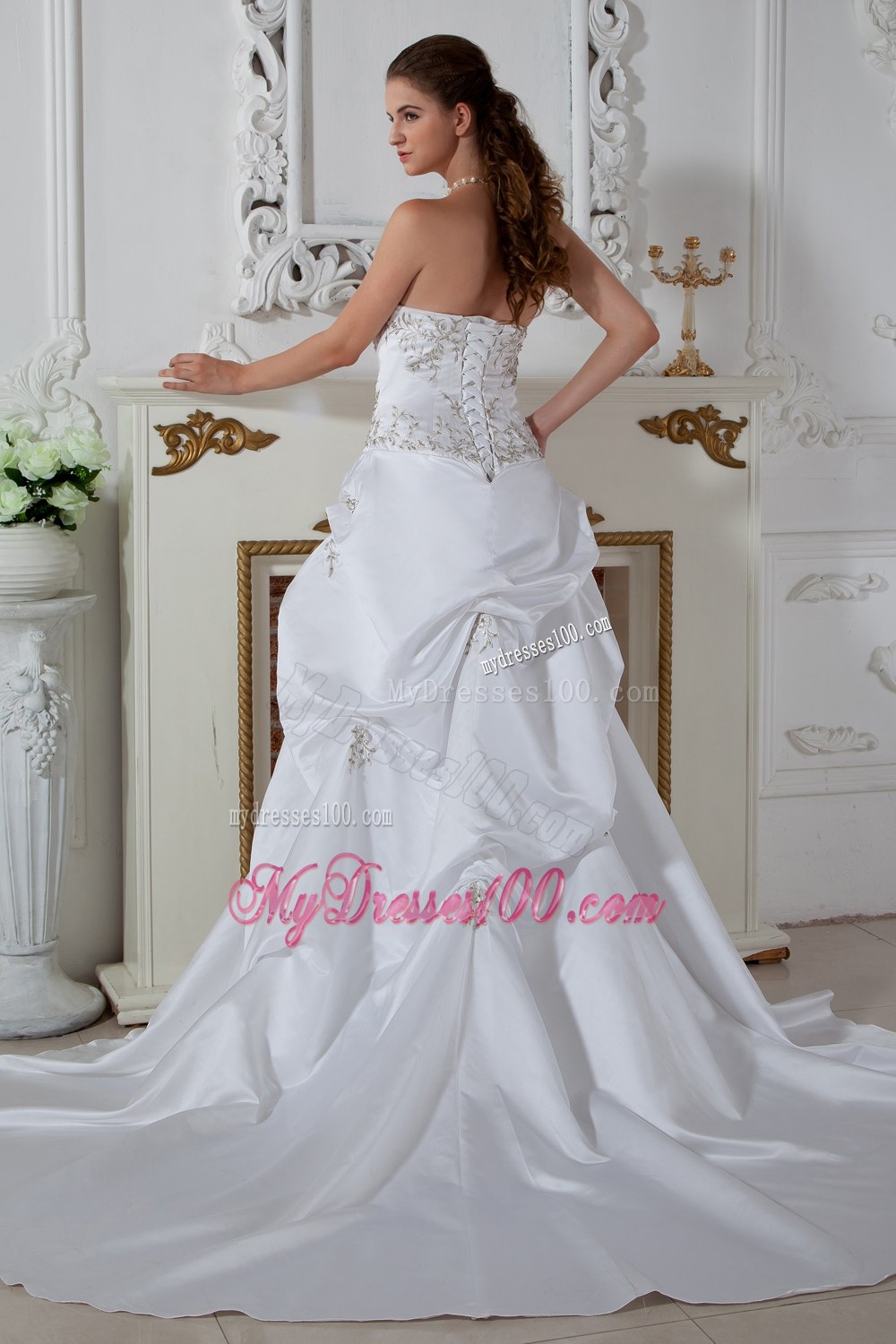 Strapless Court Train Embroidery Wedding Dress with Pick-ups