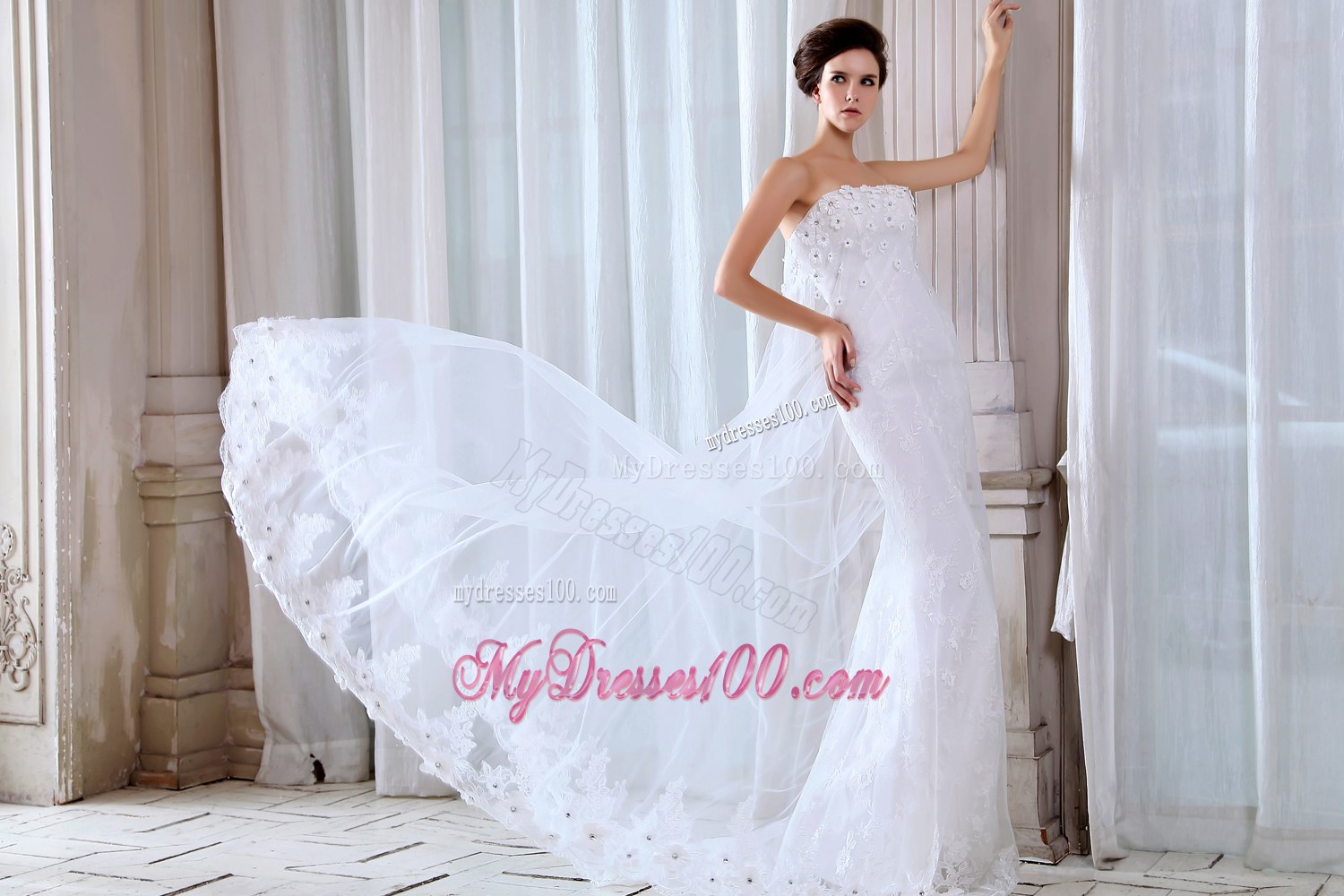 Pretty Mermaid Strapless Court Train Appliques Wedding Dresses