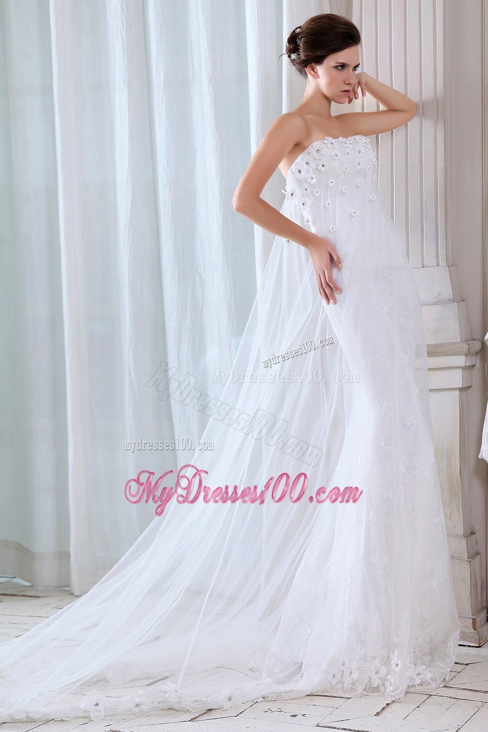 Pretty Mermaid Strapless Court Train Appliques Wedding Dresses