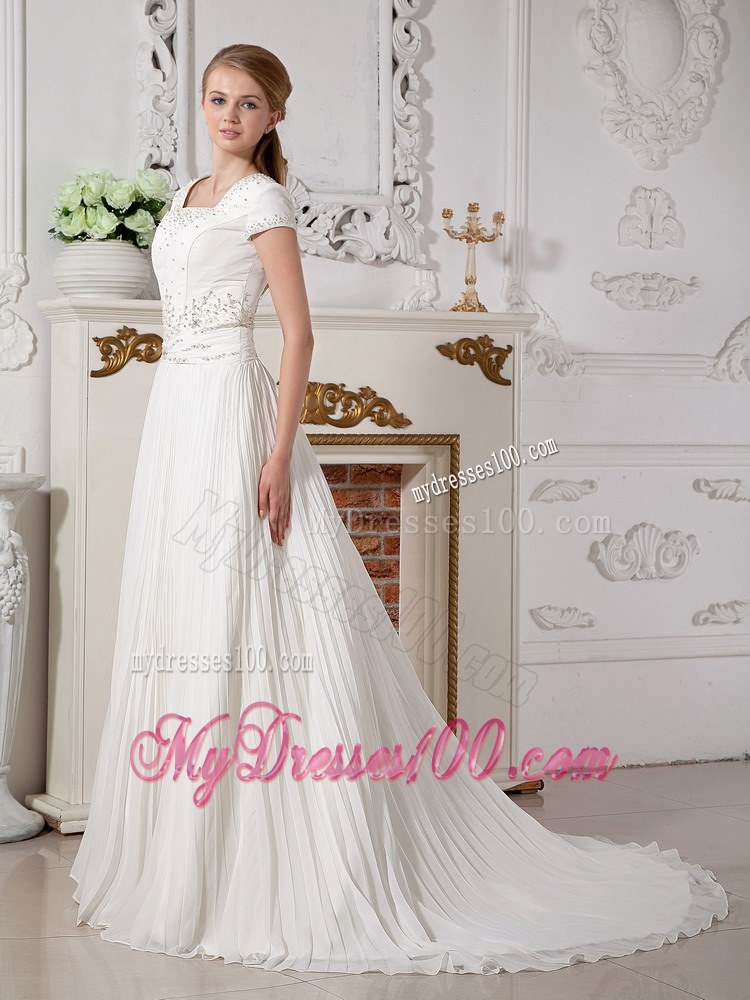 Romantic Square Court Train Beaded Wedding Dress with Short Sleeves