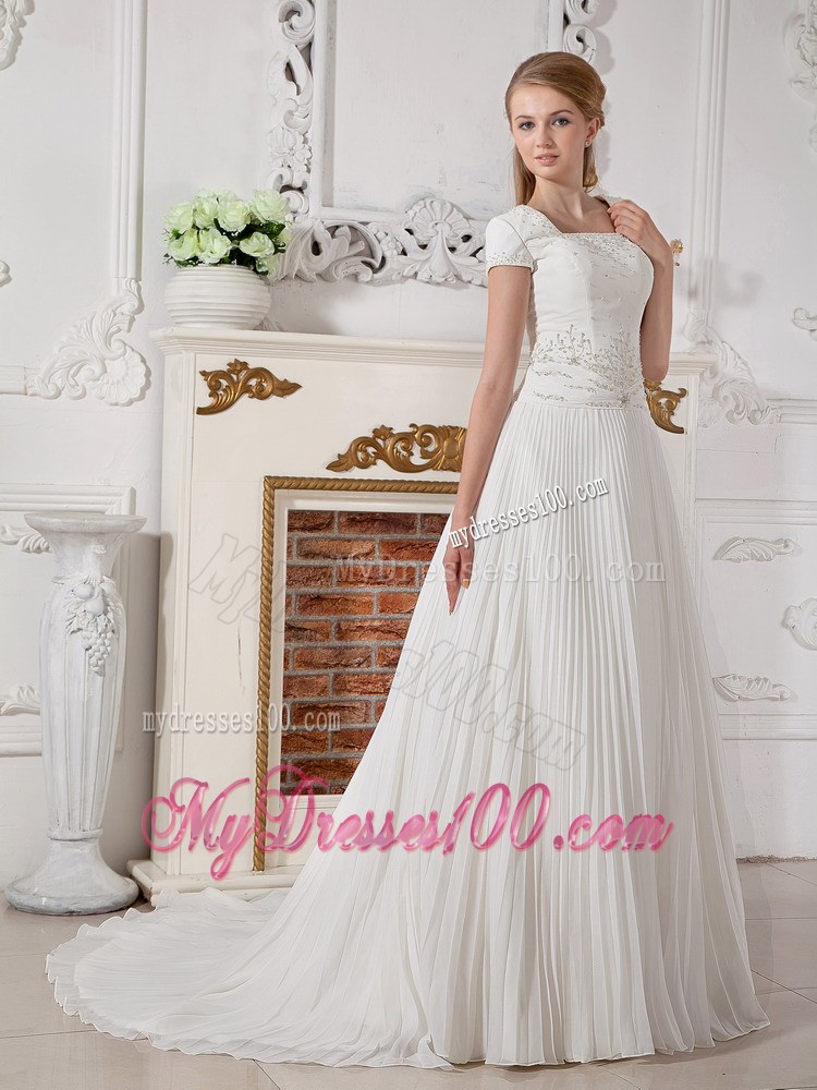Romantic Square Court Train Beaded Wedding Dress with Short Sleeves