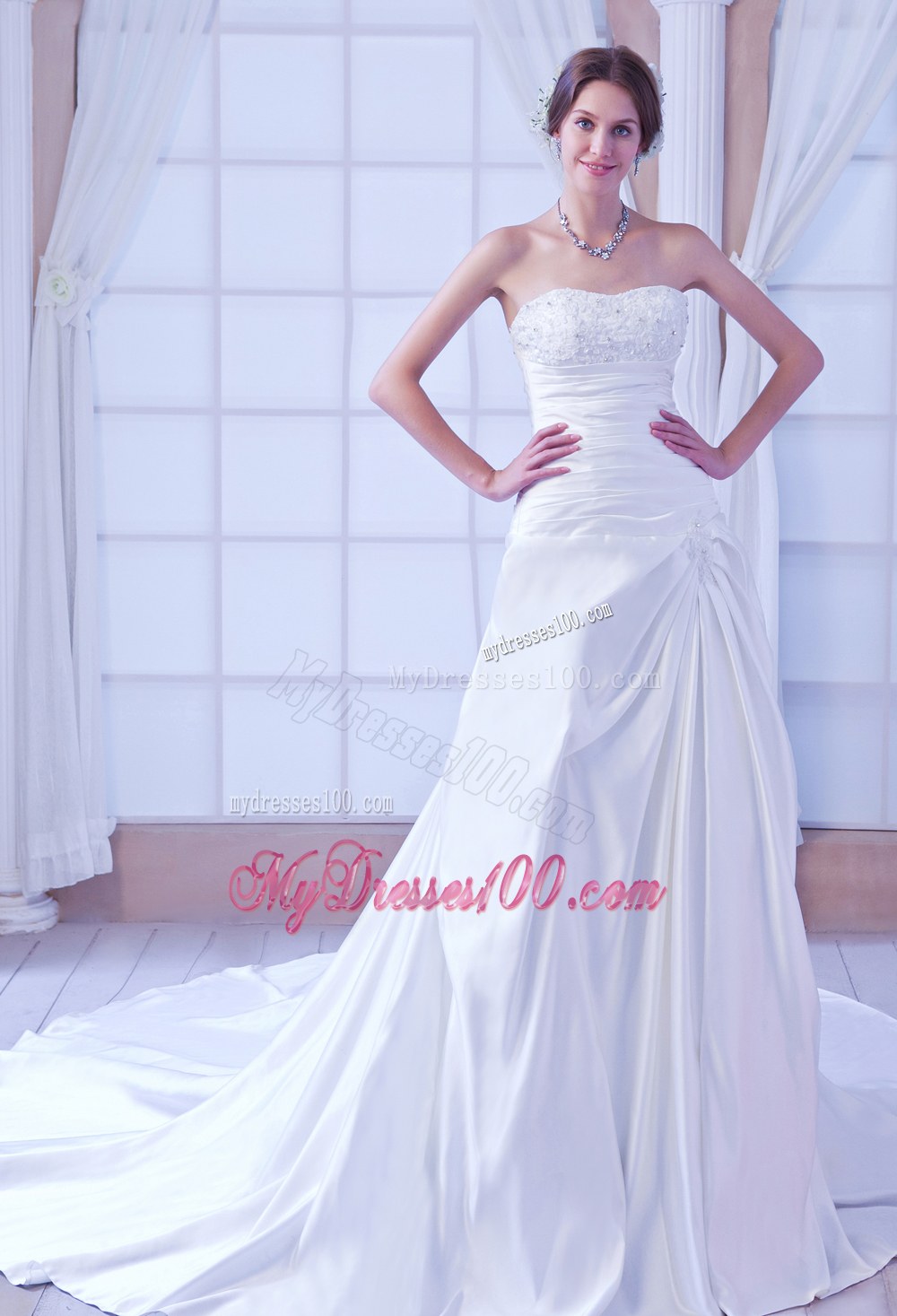 Romantic Strapless Chapel Train Beaded 2013 Bridal Dresses