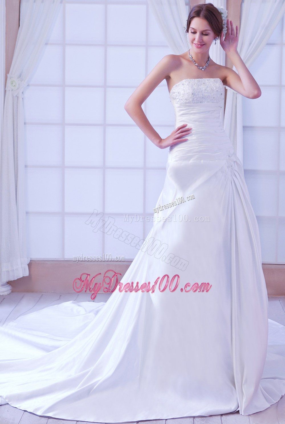 Romantic Strapless Chapel Train Beaded 2013 Bridal Dresses