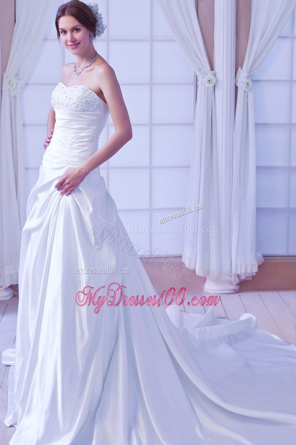 Romantic Strapless Chapel Train Beaded 2013 Bridal Dresses