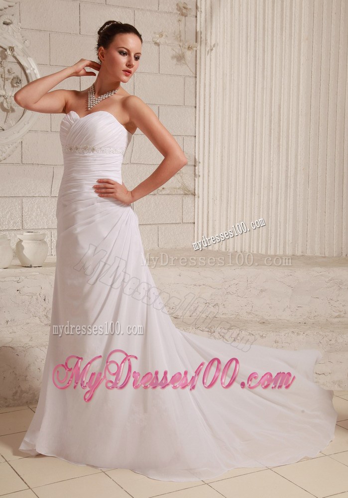 Ruches and Appliques Sweetheart Wedding Dresses with Brush Train