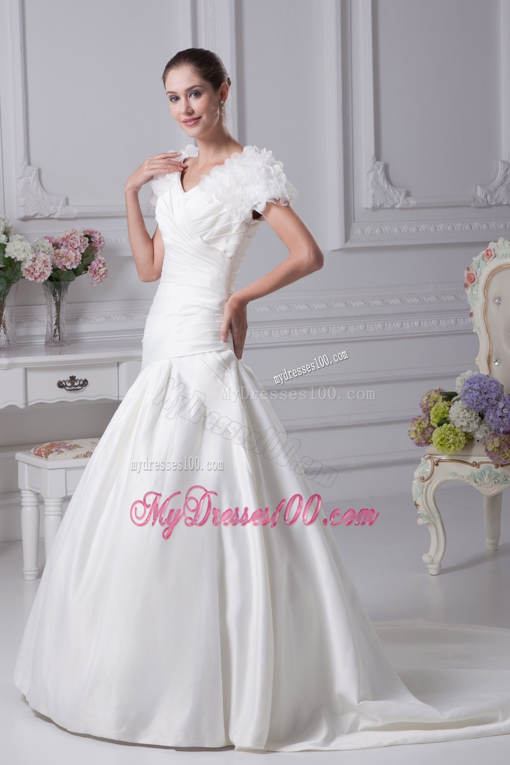 Ruching V-Neck Court Train Wedding Dress with Short Sleeves