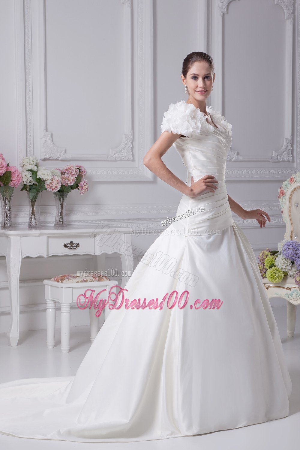 Ruching V-Neck Court Train Wedding Dress with Short Sleeves