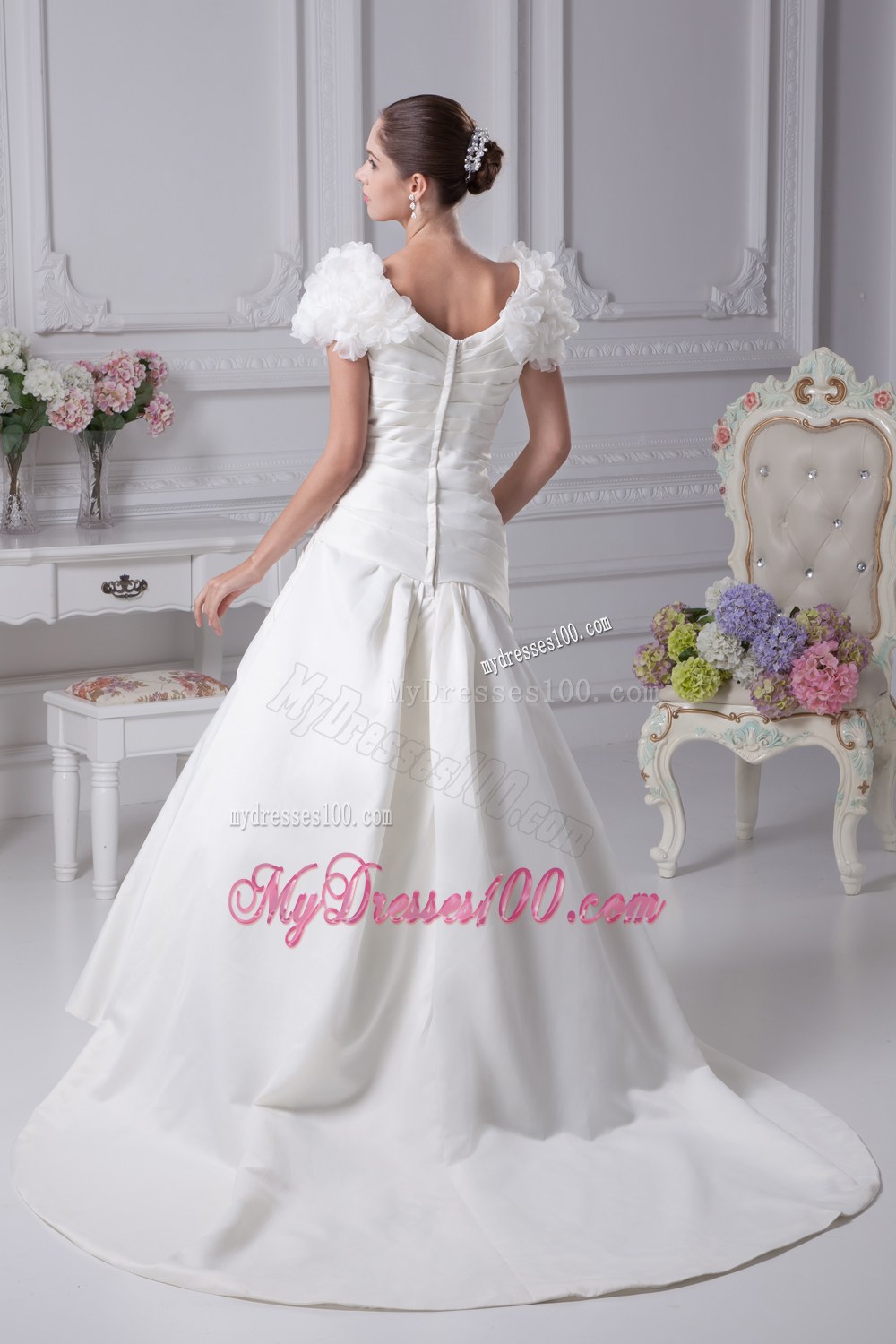 Ruching V-Neck Court Train Wedding Dress with Short Sleeves