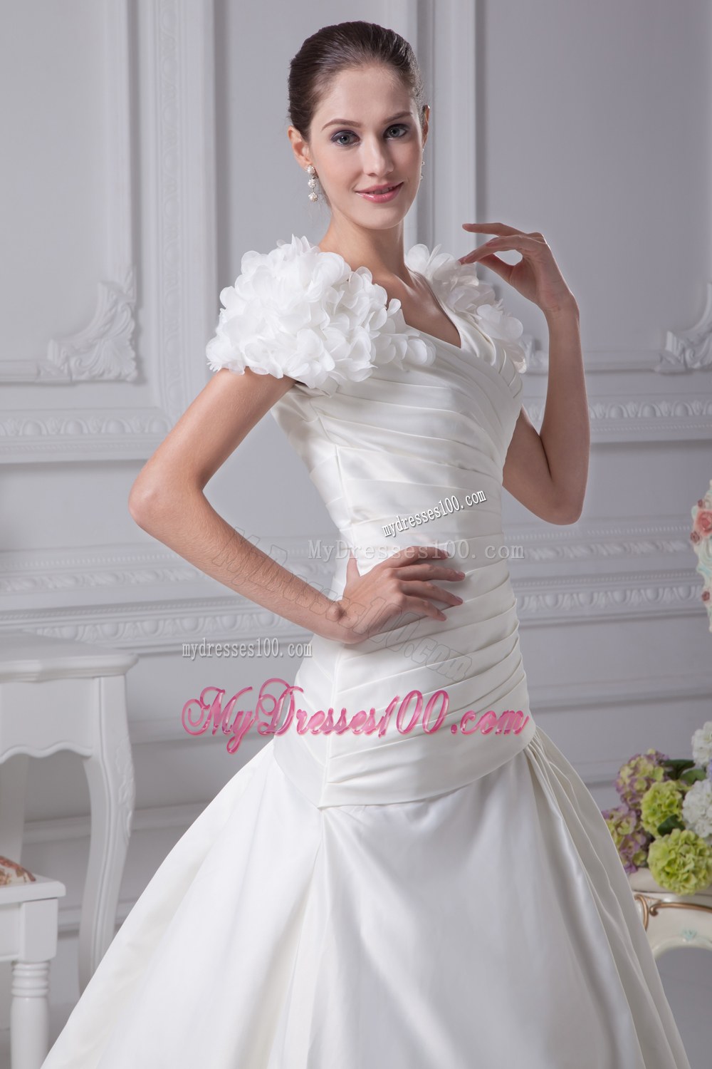 Ruching V-Neck Court Train Wedding Dress with Short Sleeves