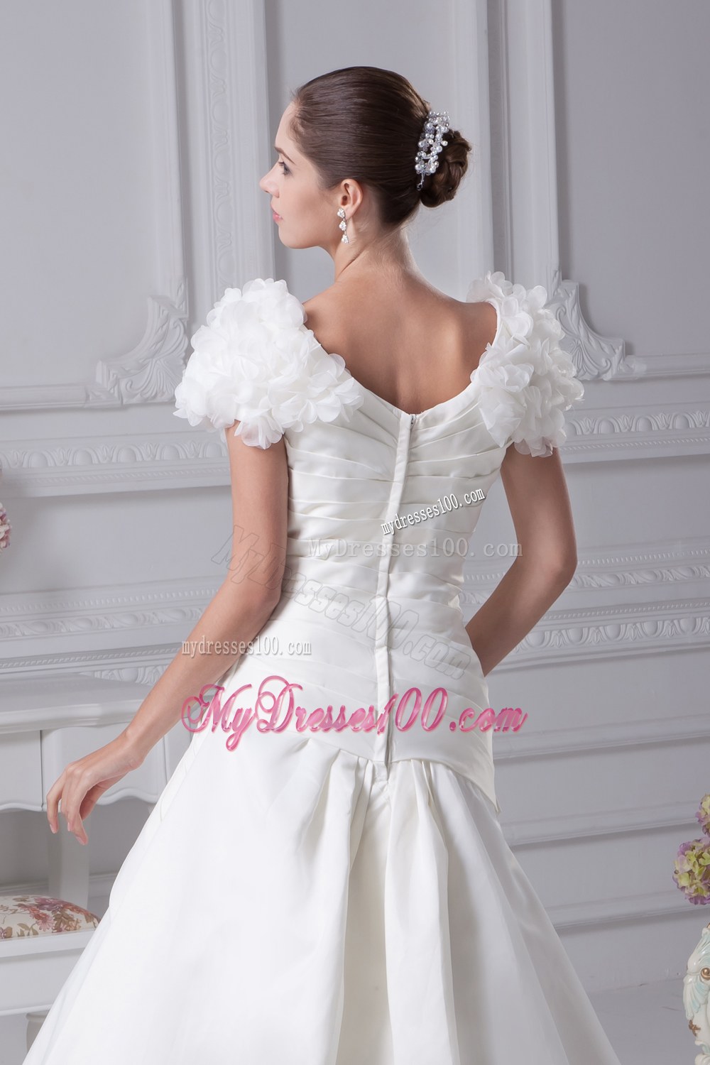 Ruching V-Neck Court Train Wedding Dress with Short Sleeves