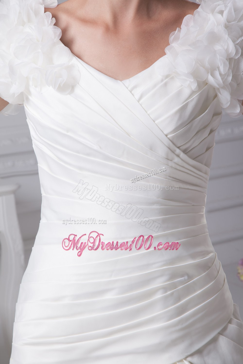 Ruching V-Neck Court Train Wedding Dress with Short Sleeves