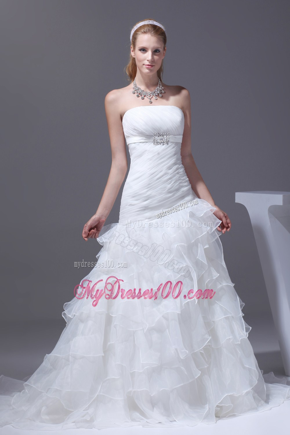 Ruffled Layers A-line Brush Train Strapless Wedding Dress