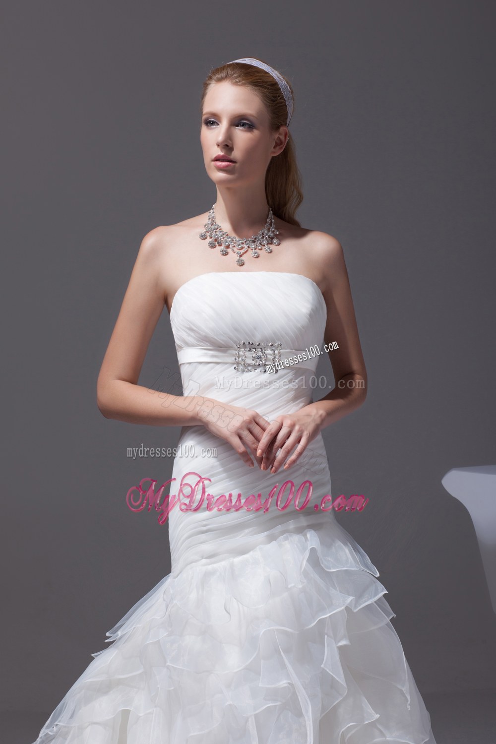 Ruffled Layers A-line Brush Train Strapless Wedding Dress