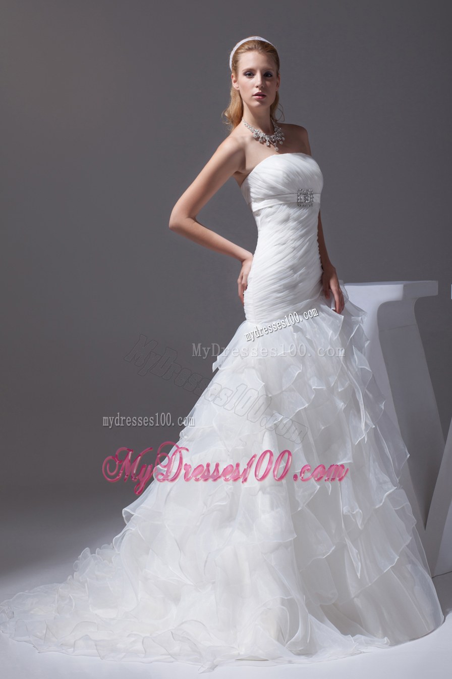 Ruffled Layers A-line Brush Train Strapless Wedding Dress