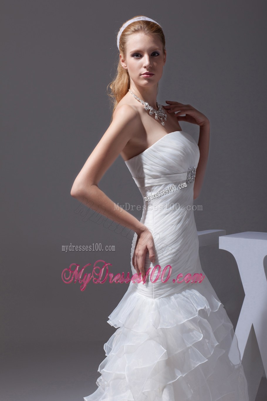 Ruffled Layers A-line Brush Train Strapless Wedding Dress
