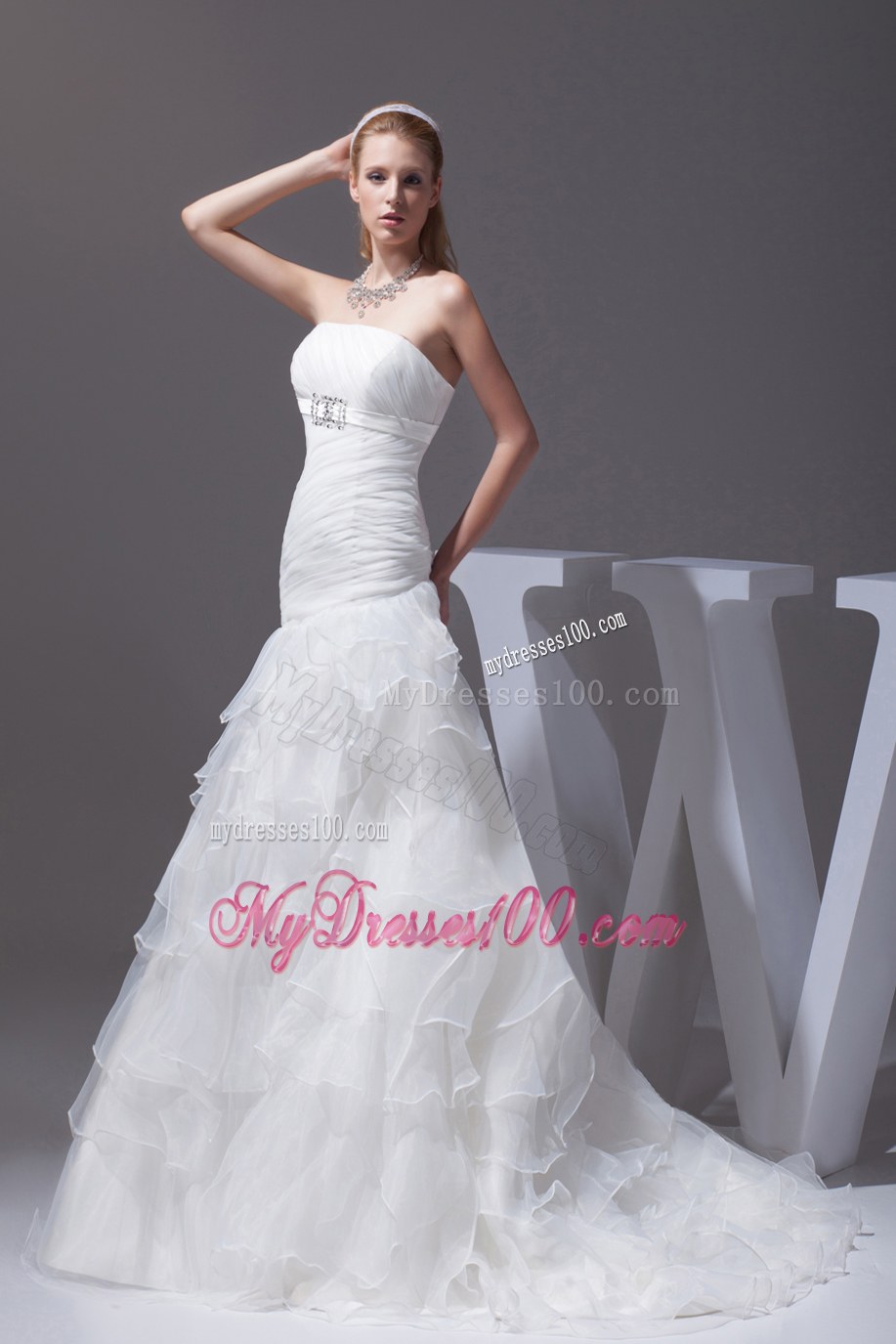 Ruffled Layers A-line Brush Train Strapless Wedding Dress