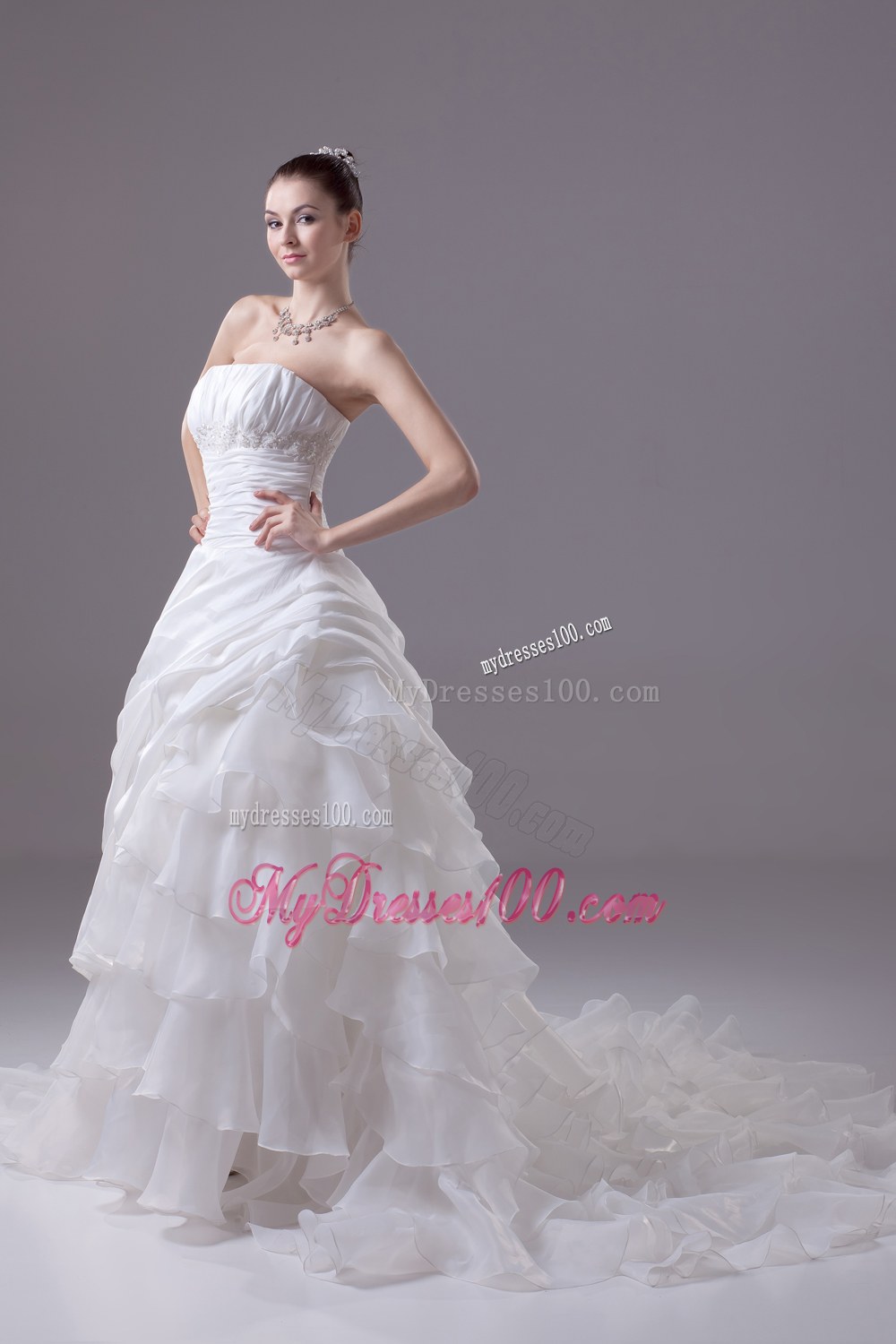 Ruffled Layers Strapless Chapel Train Princess Wedding Dress