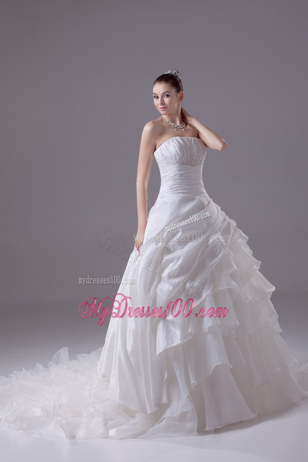 Ruffled Layers Strapless Chapel Train Princess Wedding Dress