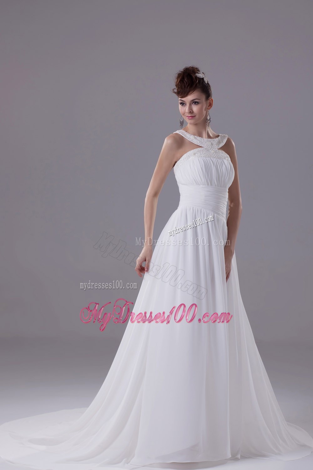 Scoop Neck Beading Princess Wedding Dress With Cross Criss Back