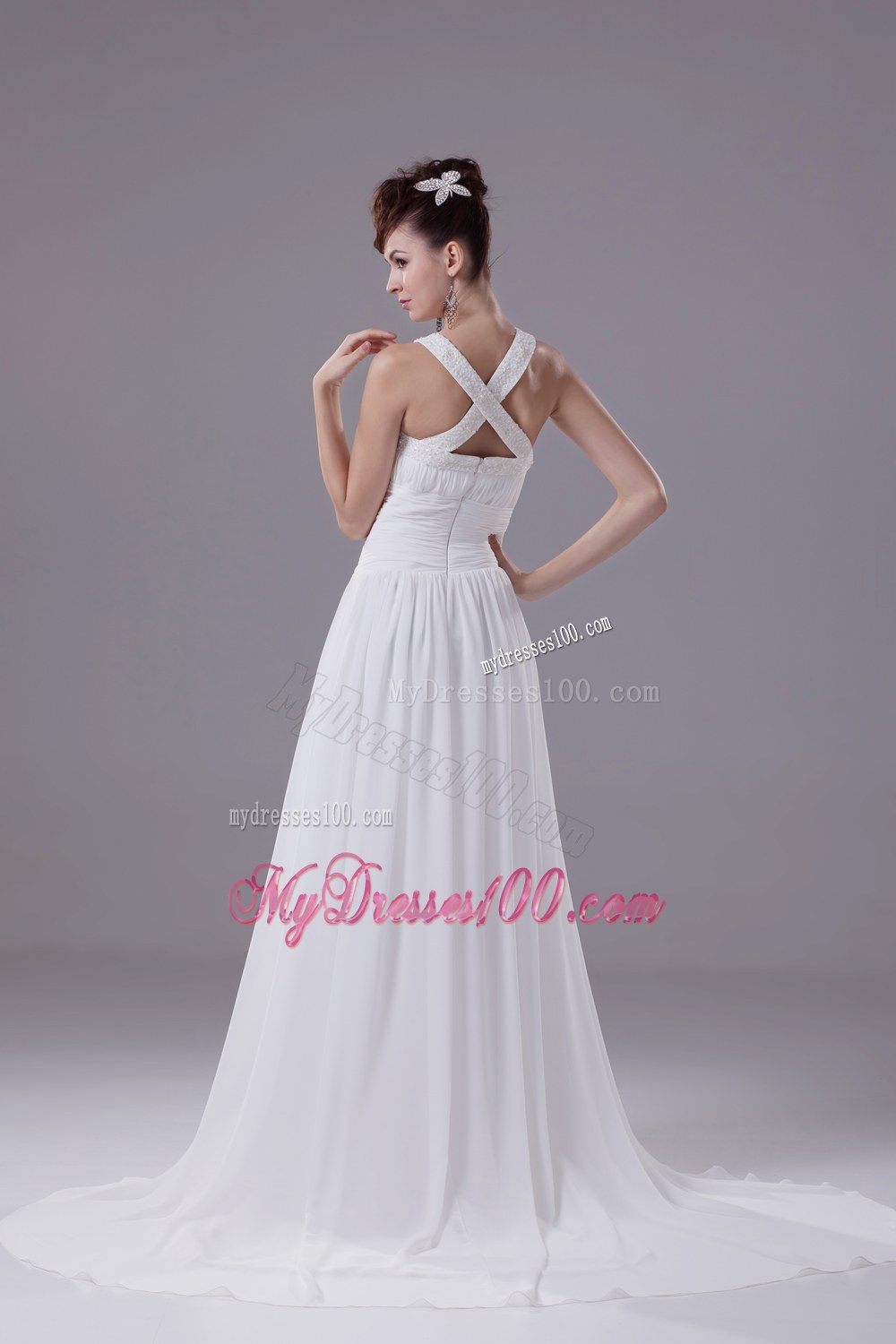 Scoop Neck Beading Princess Wedding Dress With Cross Criss Back