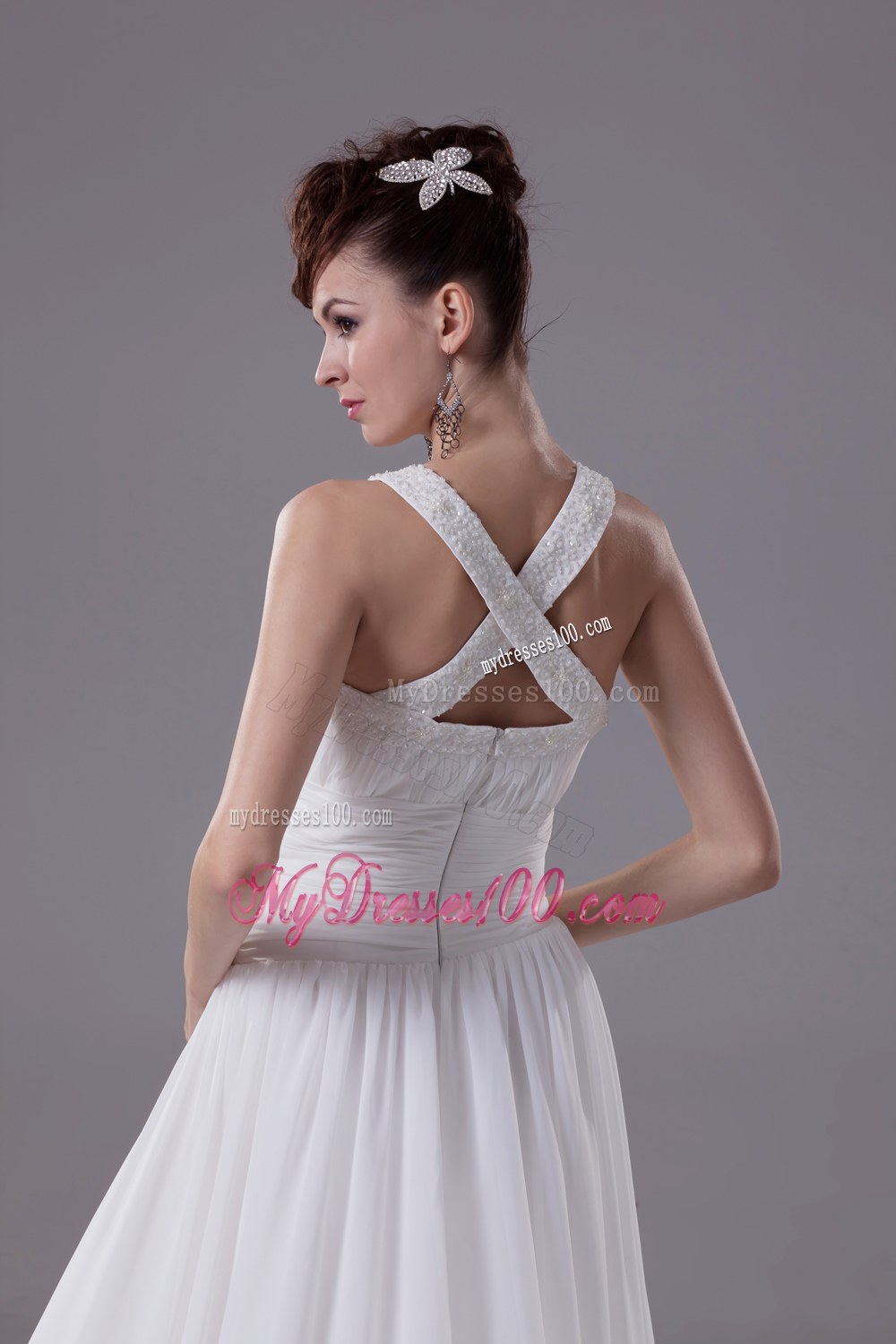 Scoop Neck Beading Princess Wedding Dress With Cross Criss Back