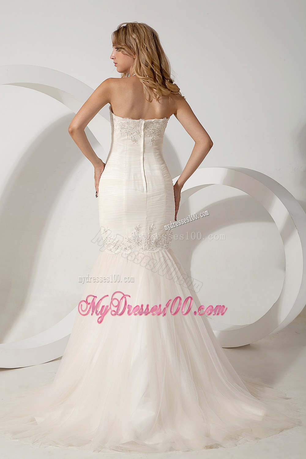 Sexy Mermaid Halter Brush Train Tulle Appliques Wedding Dress