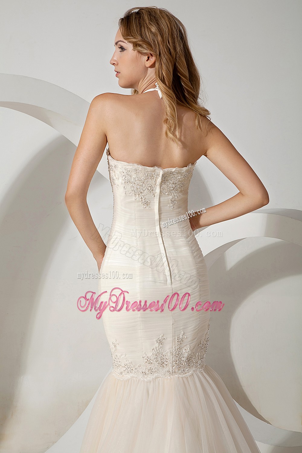 Sexy Mermaid Halter Brush Train Tulle Appliques Wedding Dress