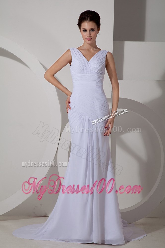 Simple Column V-neck Court Train Ruched 2013 Beach Wedding Dress