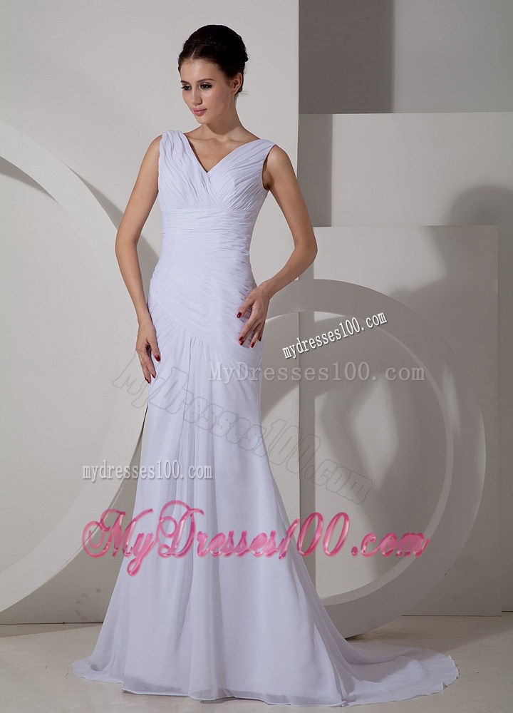 Simple Column V-neck Court Train Ruched 2013 Beach Wedding Dress