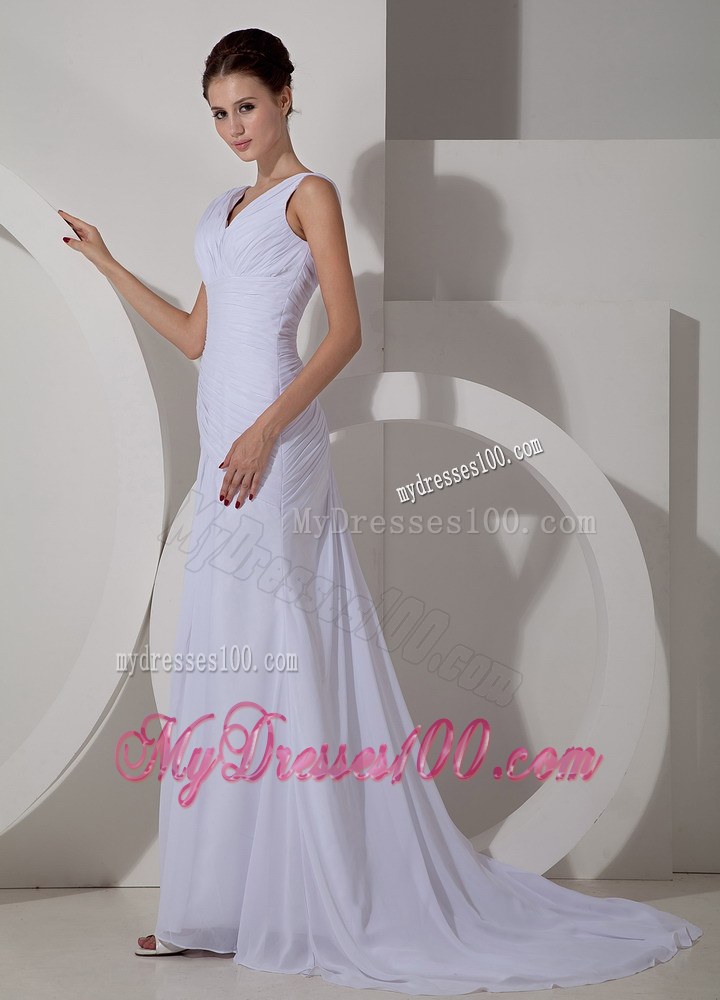 Simple Column V-neck Court Train Ruched 2013 Beach Wedding Dress