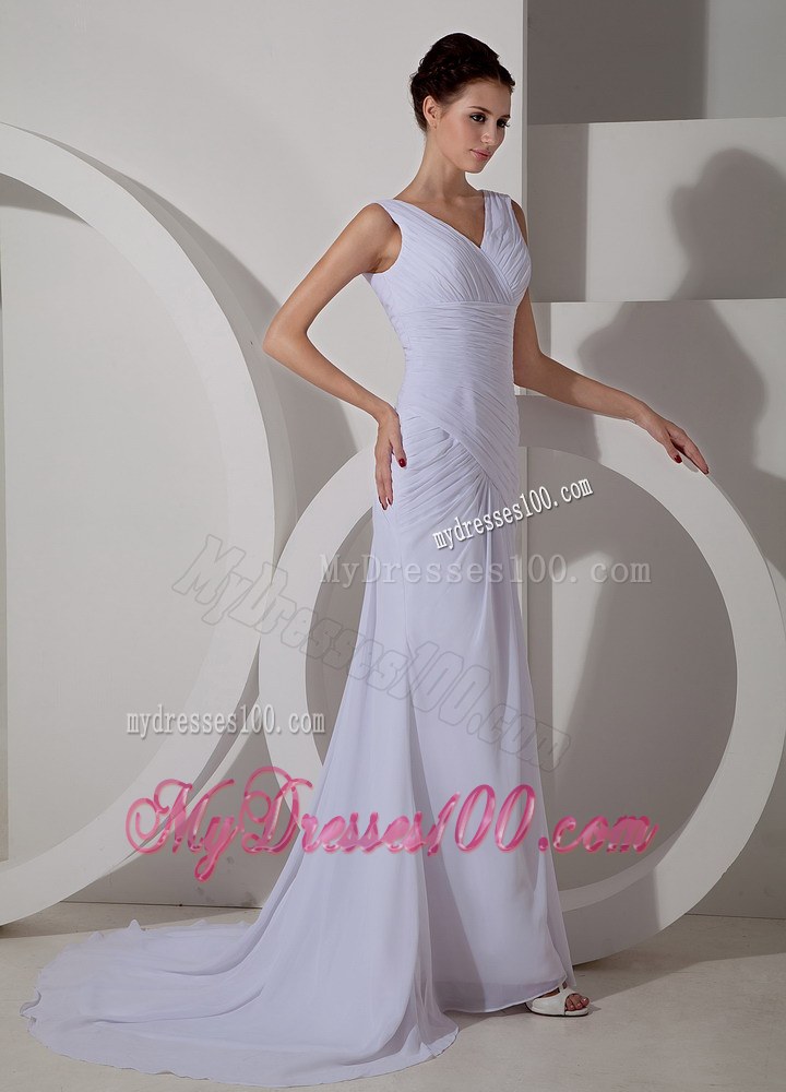 Simple Column V-neck Court Train Ruched 2013 Beach Wedding Dress