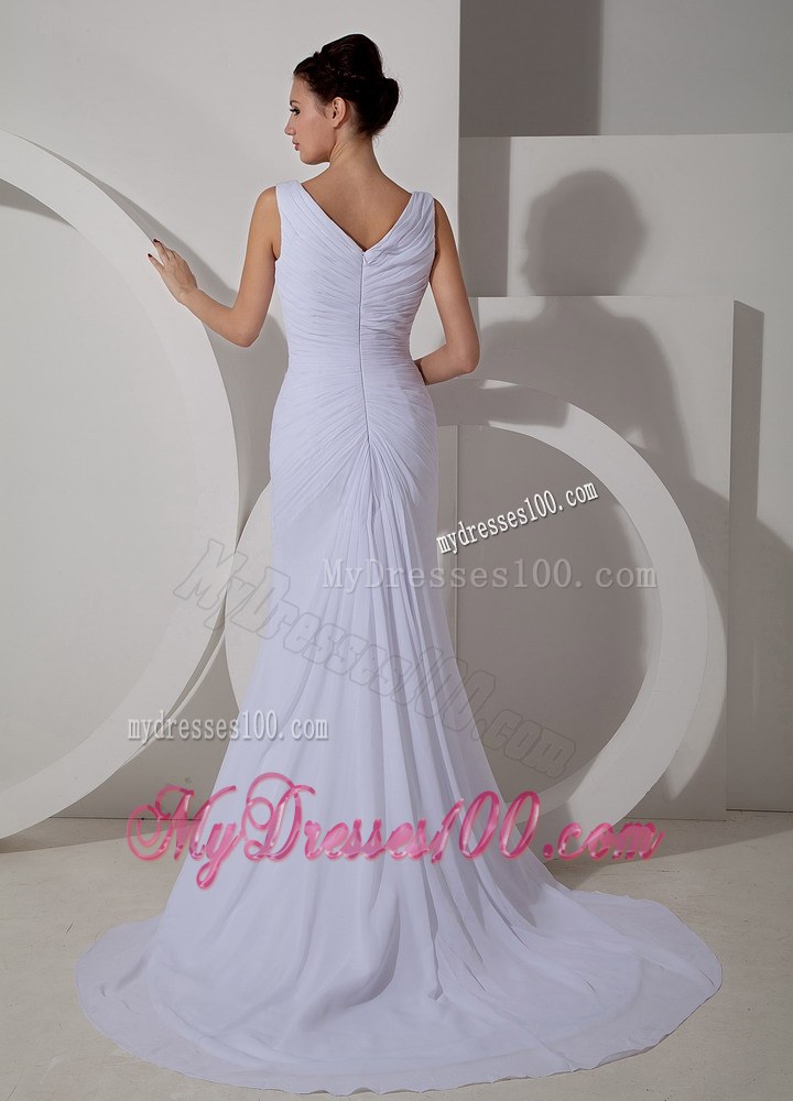 Simple Column V-neck Court Train Ruched 2013 Beach Wedding Dress
