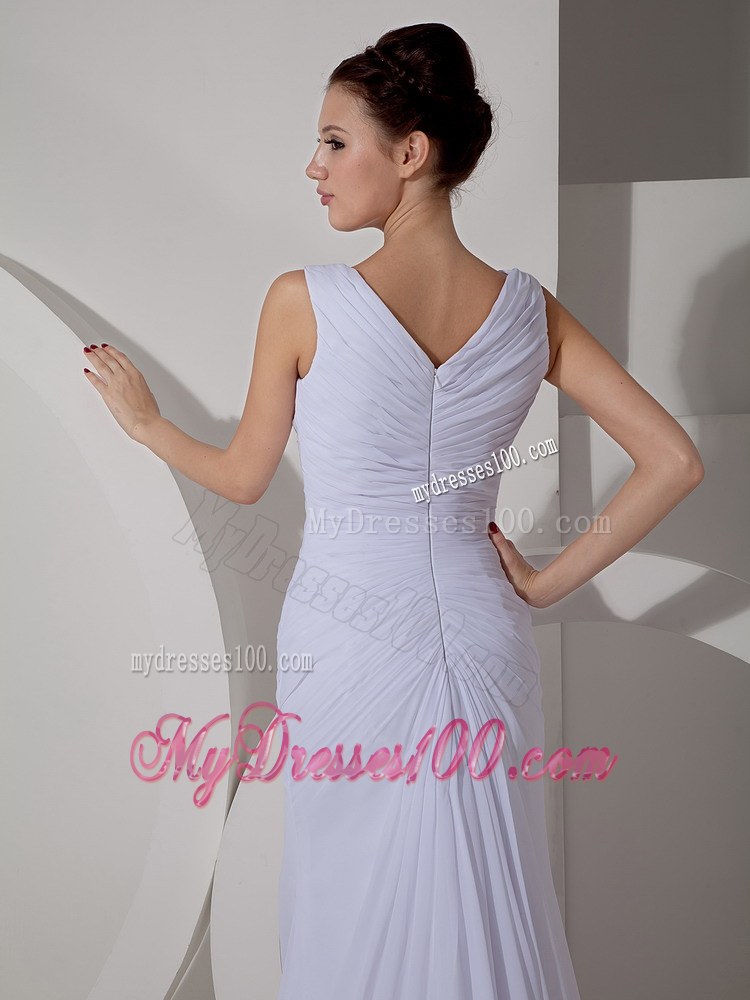 Simple Column V-neck Court Train Ruched 2013 Beach Wedding Dress