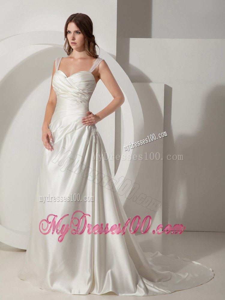 Simple Princess Straps Court Train Discount Wedding Dress with Ruching