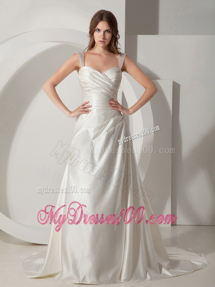 Simple Princess Straps Court Train Discount Wedding Dress with Ruching