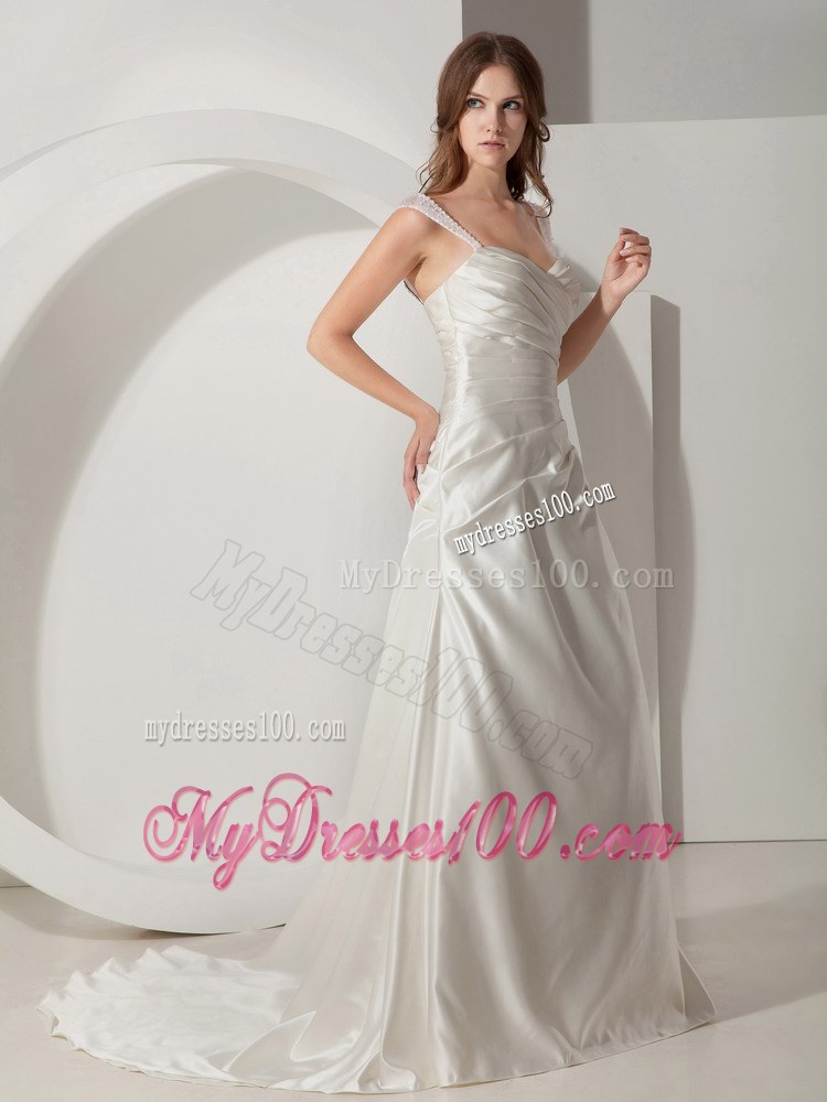 Simple Princess Straps Court Train Discount Wedding Dress with Ruching