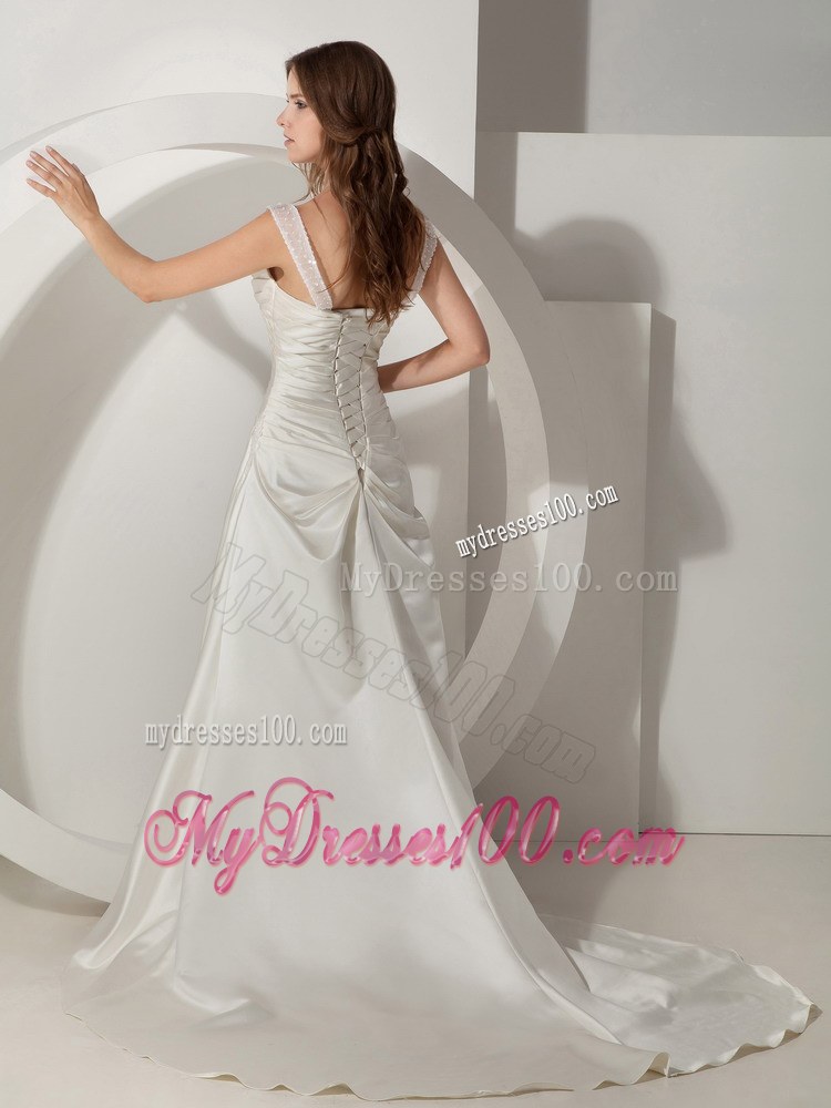 Simple Princess Straps Court Train Discount Wedding Dress with Ruching
