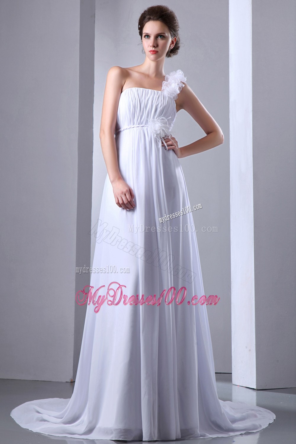 Simple Empire One Shoulder Court Train Ruched Wedding Dress