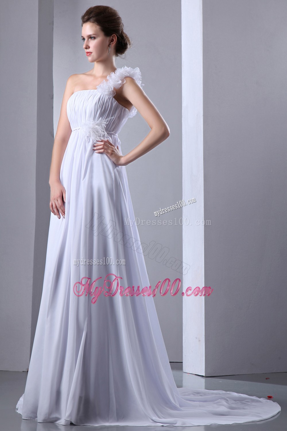 Simple Empire One Shoulder Court Train Ruched Wedding Dress