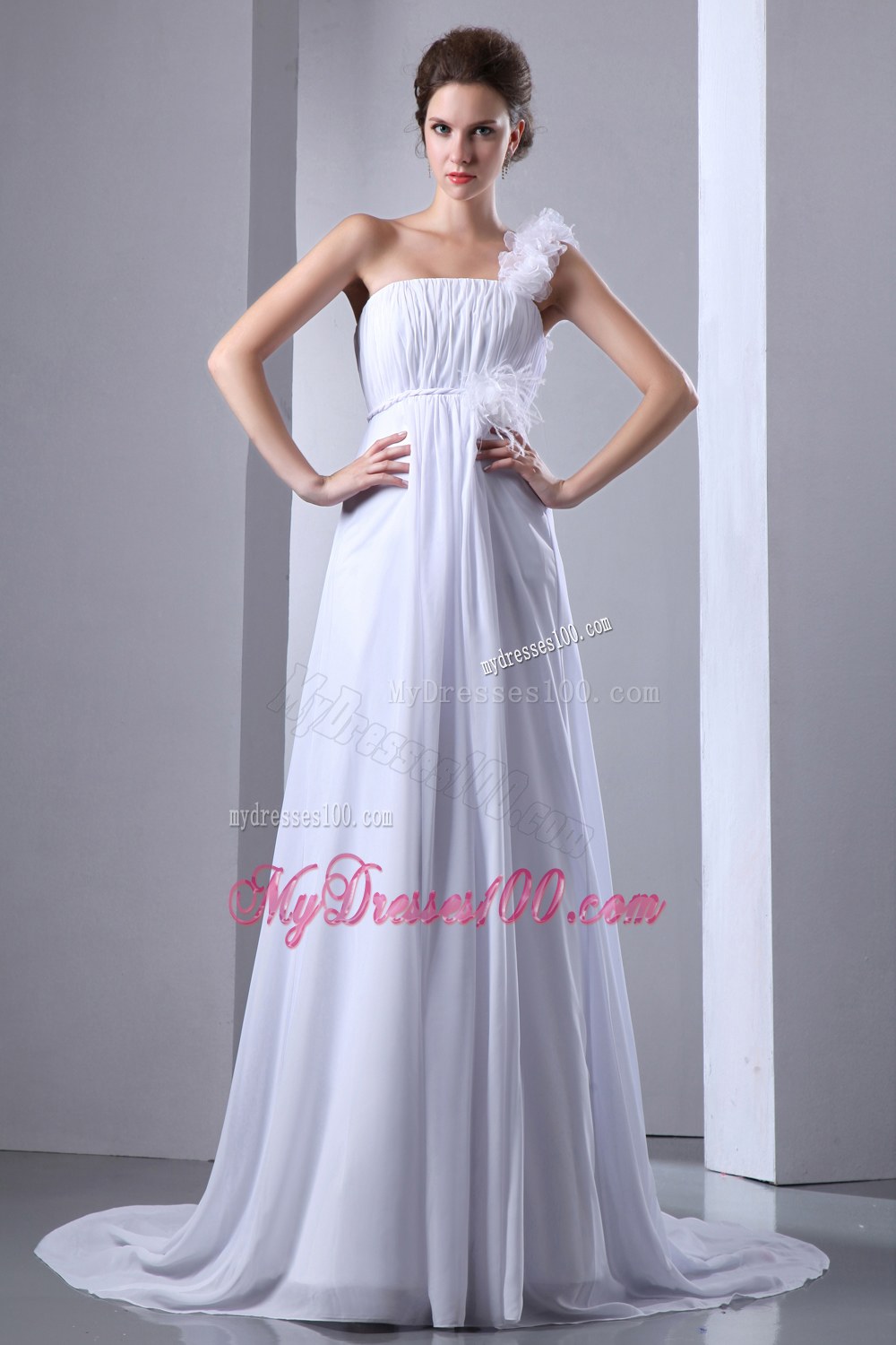 Simple Empire One Shoulder Court Train Ruched Wedding Dress