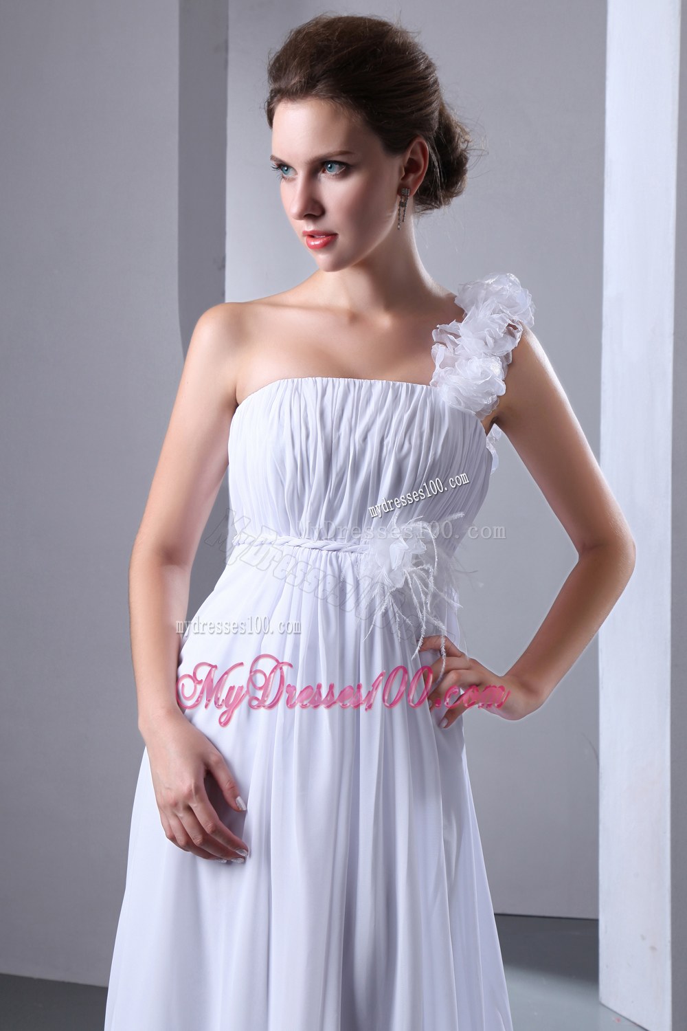 Simple Empire One Shoulder Court Train Ruched Wedding Dress
