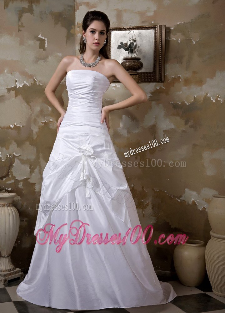 Simple Strapless Brush Train Hand Made Flowers Wedding Dresses
