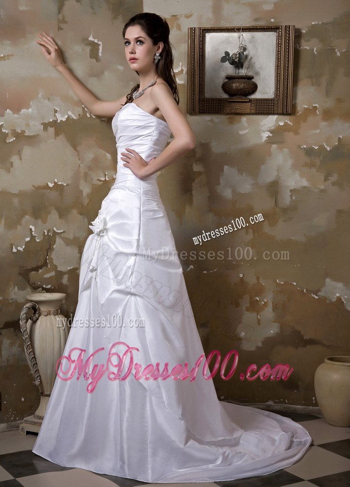 Simple Strapless Brush Train Hand Made Flowers Wedding Dresses