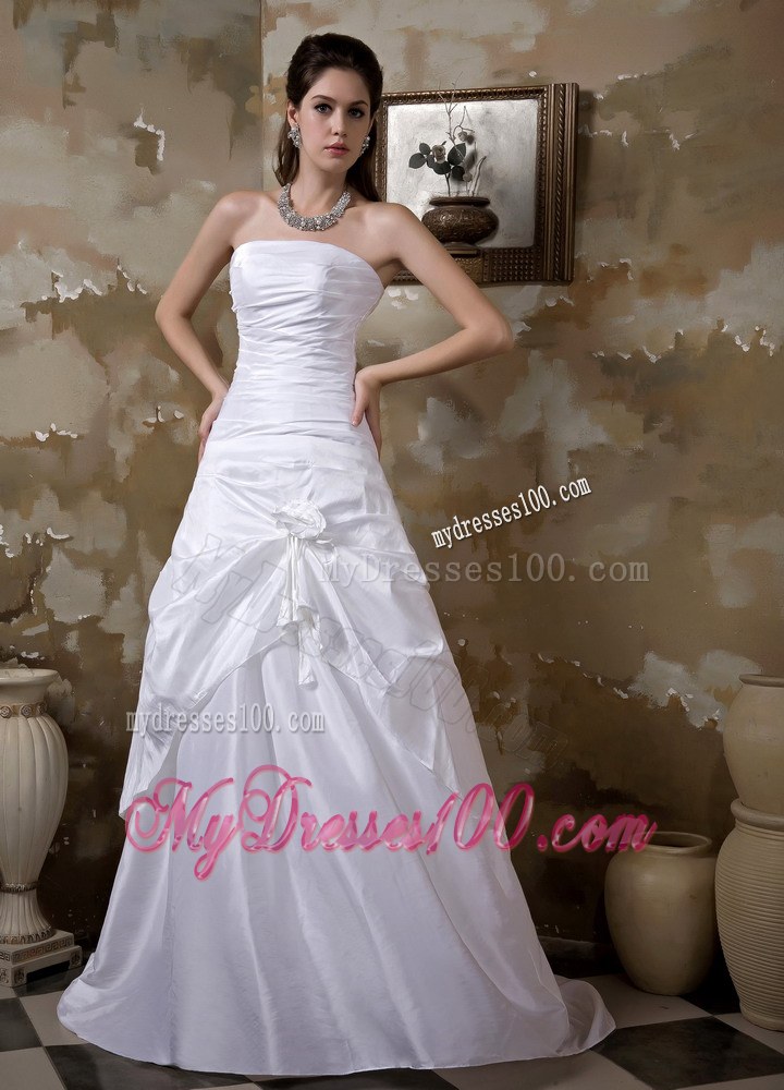Simple Strapless Brush Train Hand Made Flowers Wedding Dresses