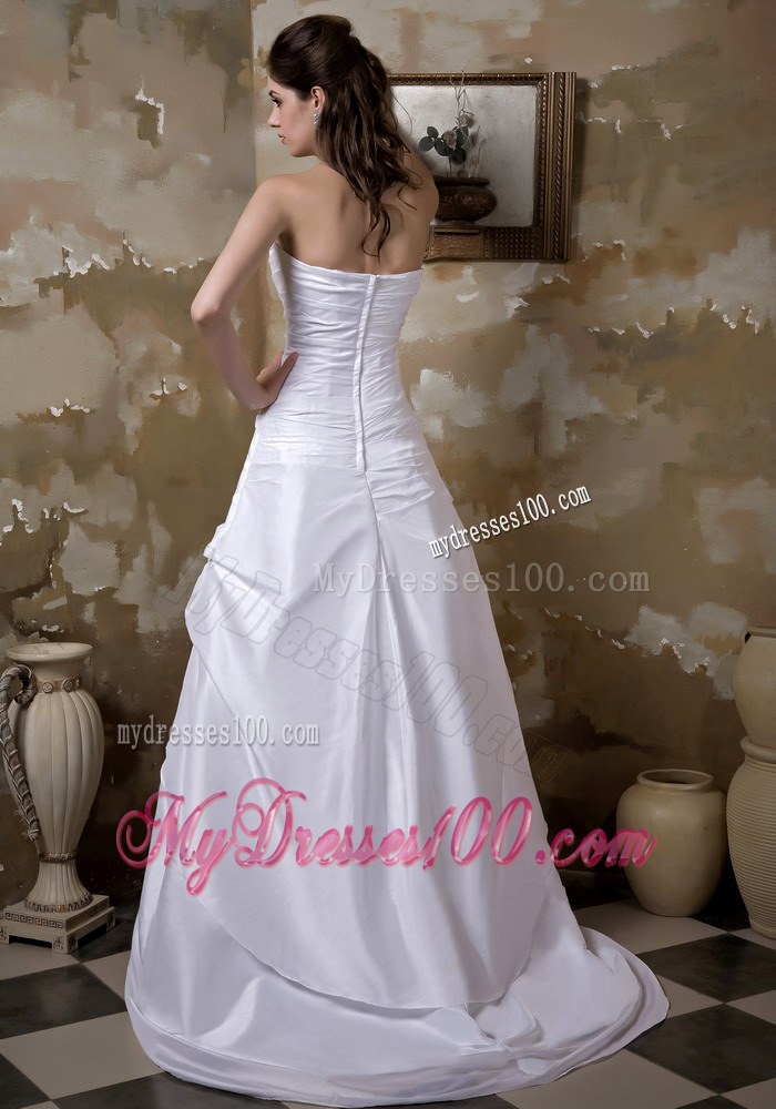 Simple Strapless Brush Train Hand Made Flowers Wedding Dresses