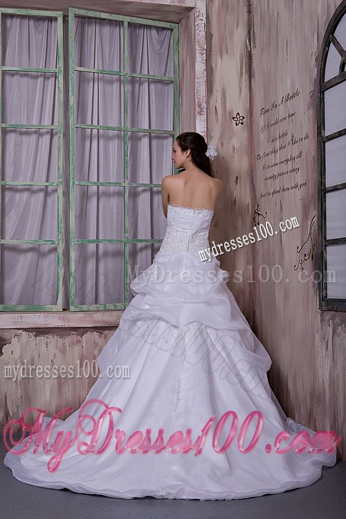 Simple Strapless Pick-ups Chapel Train Appliques Wedding Dresses