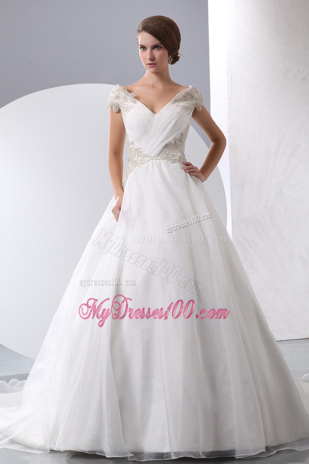 V-neck Chapel Train Beaded Wedding Dresses with Cap Sleeves