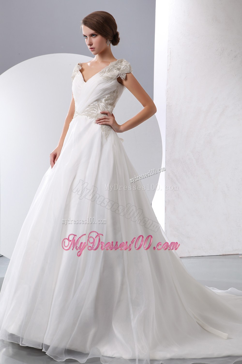 V-neck Chapel Train Beaded Wedding Dresses with Cap Sleeves