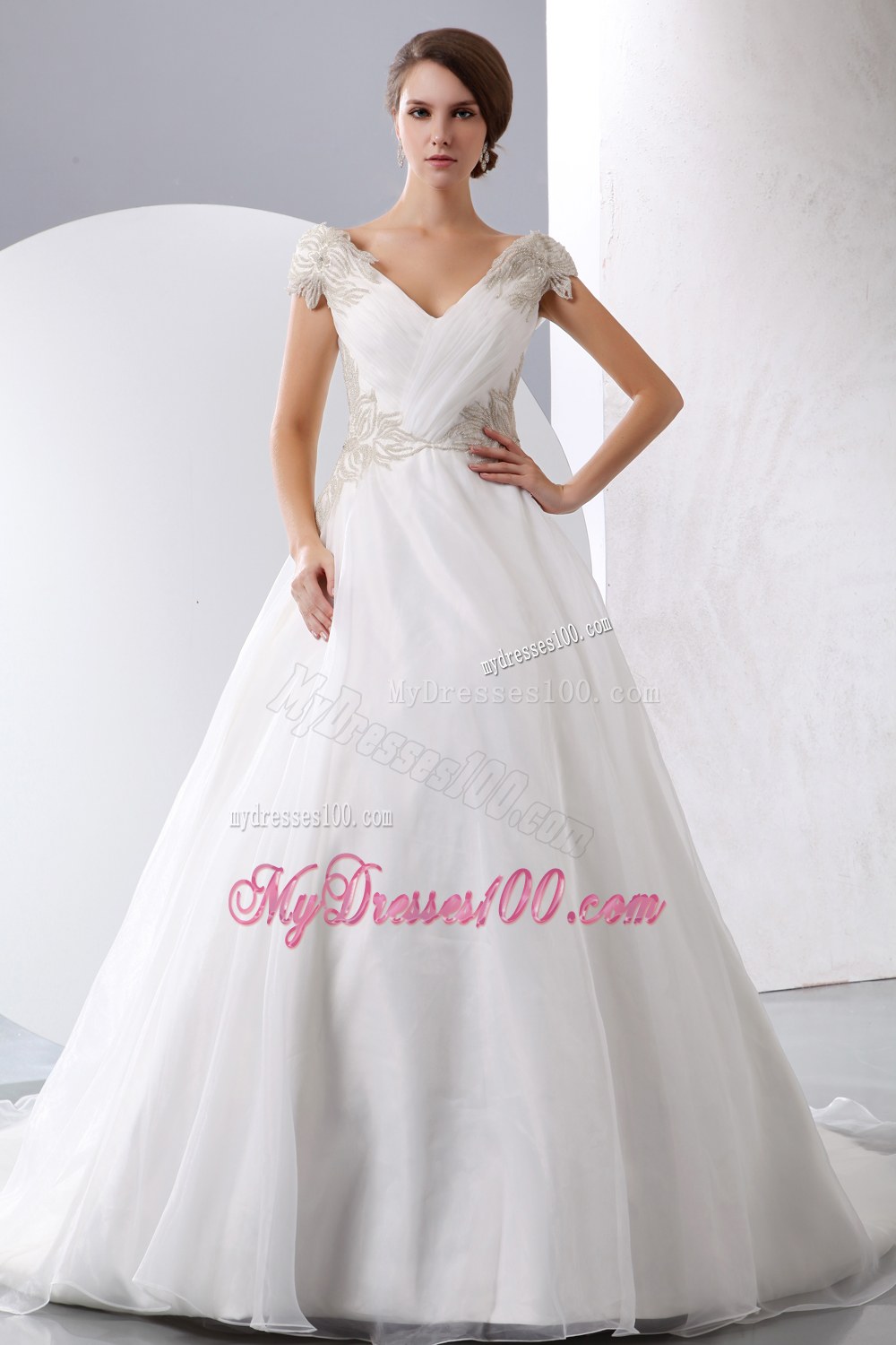 V-neck Chapel Train Beaded Wedding Dresses with Cap Sleeves