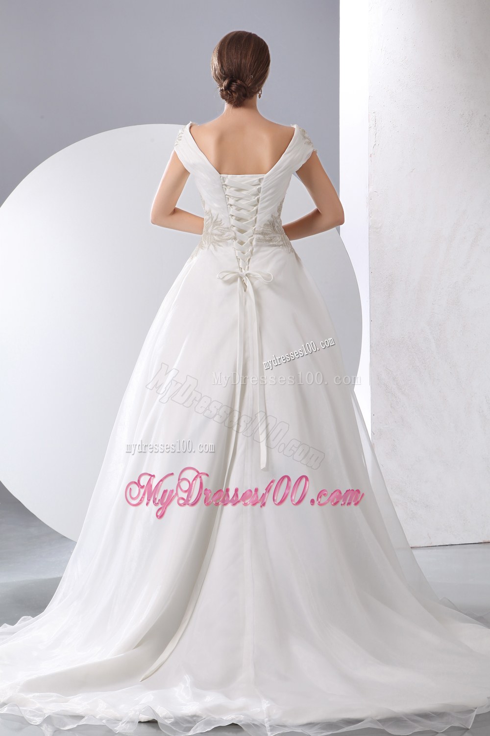 V-neck Chapel Train Beaded Wedding Dresses with Cap Sleeves